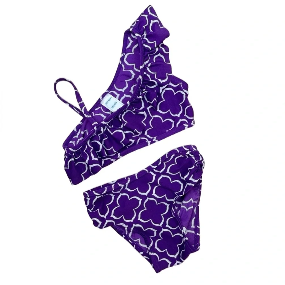 Old Navy Purple Geometric Bikini Set Girls 2T Ruffle Swimwear Beach Pool